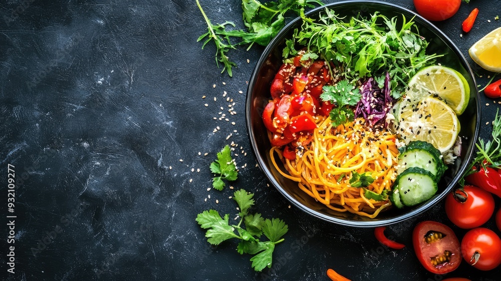 Vibrant noodle salad with fresh veggies and lime, garnished with sesame seeds and herbs, on a dark textured background. Vibrant noodle salad with fresh veggies and lime, garnished with sesame seeds and herbs, on a dark textured background.