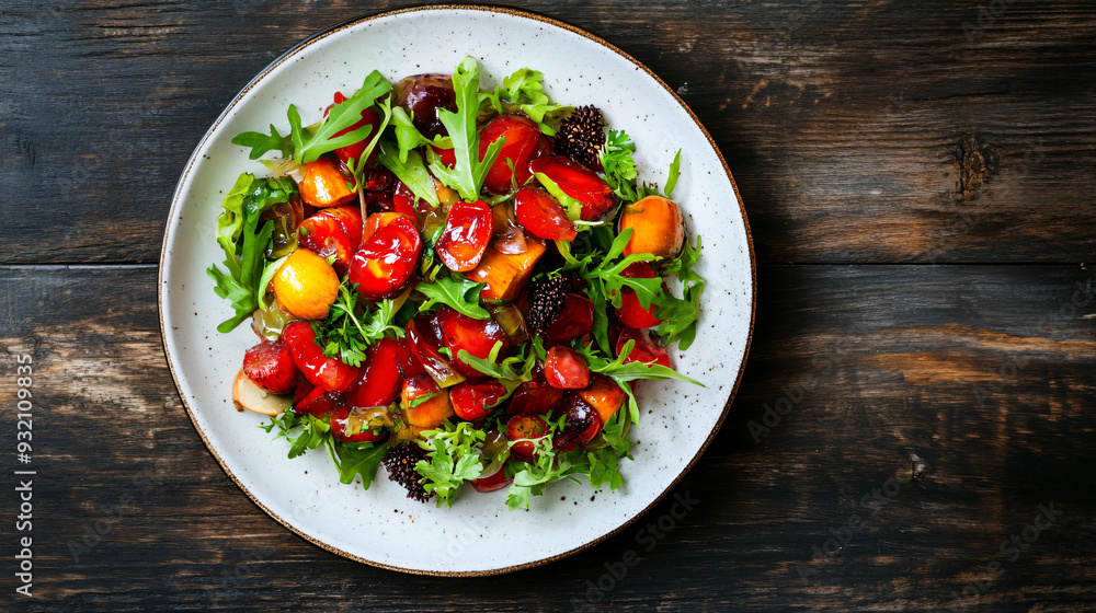 Plate with tasty salad made with fresh arugula, tomatoes and herbs on rustic wooden table Plate with tasty salad made with fresh arugula, tomatoes and herbs on rustic wooden table