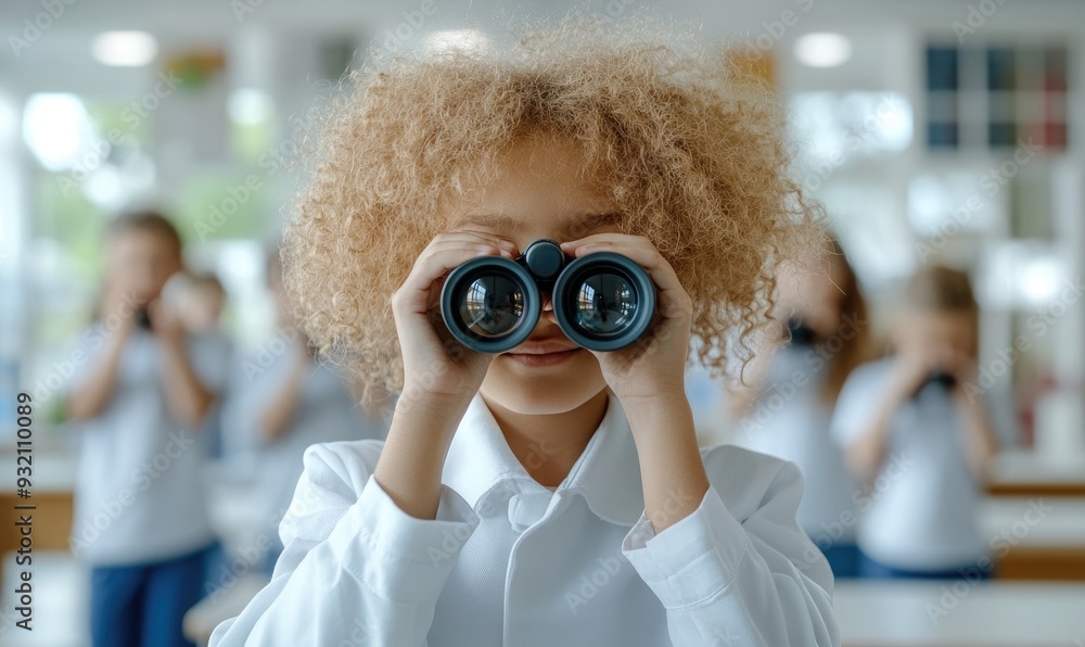 Curious Kid in School Uniform Using Binoculars in a Bright Classroom Curious Kid in School Uniform Using Binoculars in a Bright Classroom