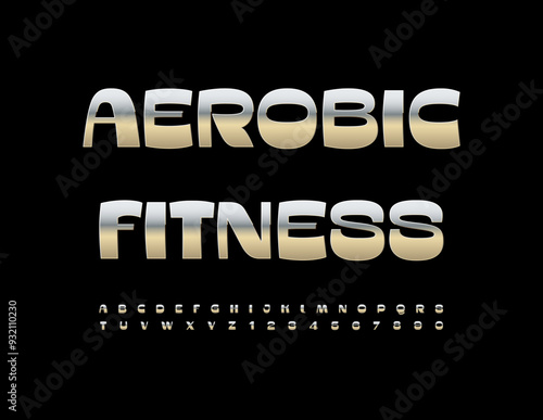 Vector activity logo Aerobic Fitness.  Trendy Silver Font. Decorative Alphabet Letters and Numbers set.