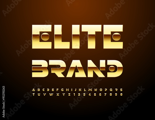 Vector artistic logo Elite Brand. Unique Golden Font. Modern Alphabet Letters and Numbers set.