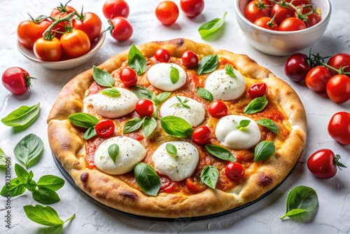 Freshly baked pizza topped with creamy Burrata cheese, fresh basil, and cherry tomatoes, arranged artfully on a crisp white background, awaiting a satisfying bite.