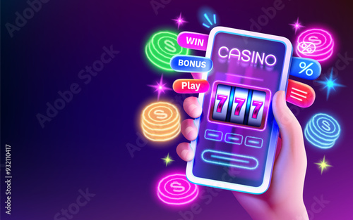 Casino online, Vegas 777 slots, phone screen game. Vector illustration 
