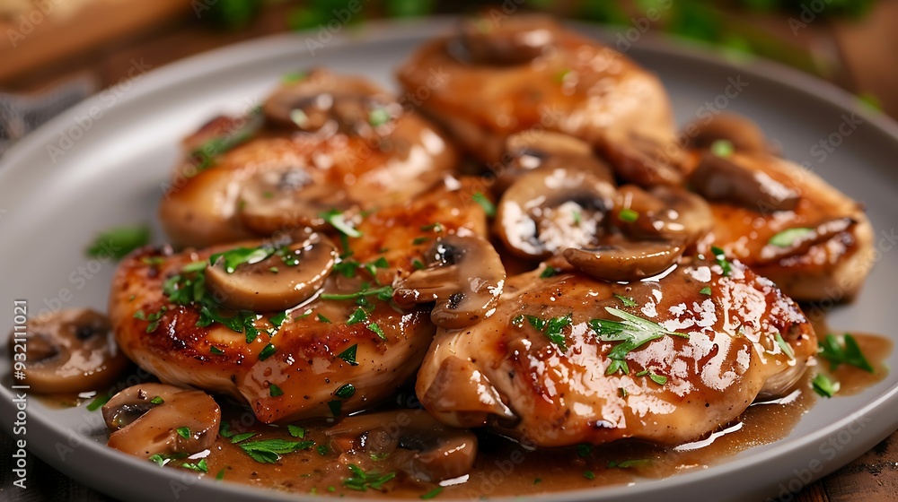 Chicken breast with mushrooms and parsley on a white plate Chicken breast with mushrooms and parsley on a white plate