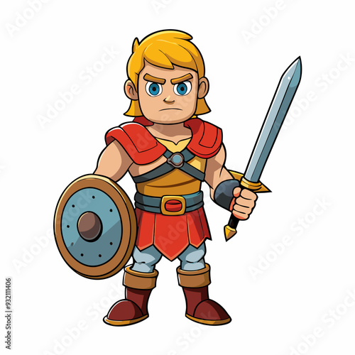 Heroic Warrior A Realistic Depiction with Sword and Shield on a White Background art vector illustration