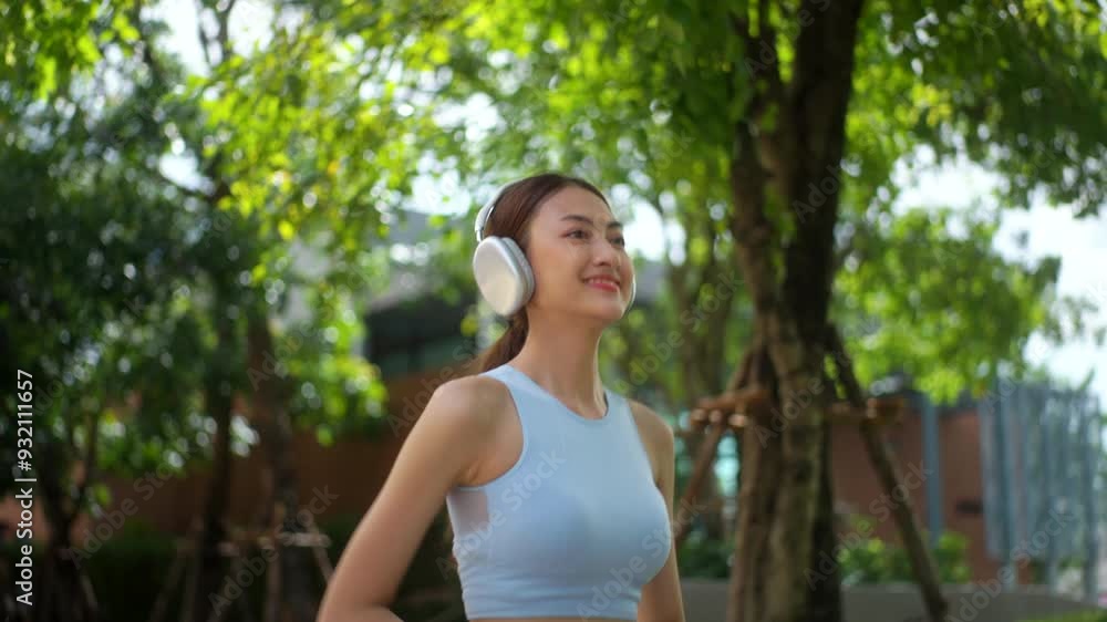 Young healthy beautiful asian woman jogging outdoor to exercise at village park, sporty female running in the garden, happy girl enjoy morning fitness while listening music via headphone.
Young healthy beautiful asian woman jogging outdoor to exercise at village park, sporty female running in the garden, happy girl enjoy morning fitness while listening music via headphone.