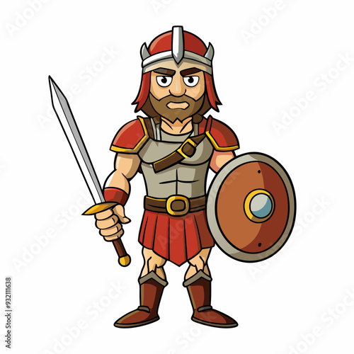 Heroic Warrior A Realistic Depiction with Sword and Shield on a White Background art vector illustration