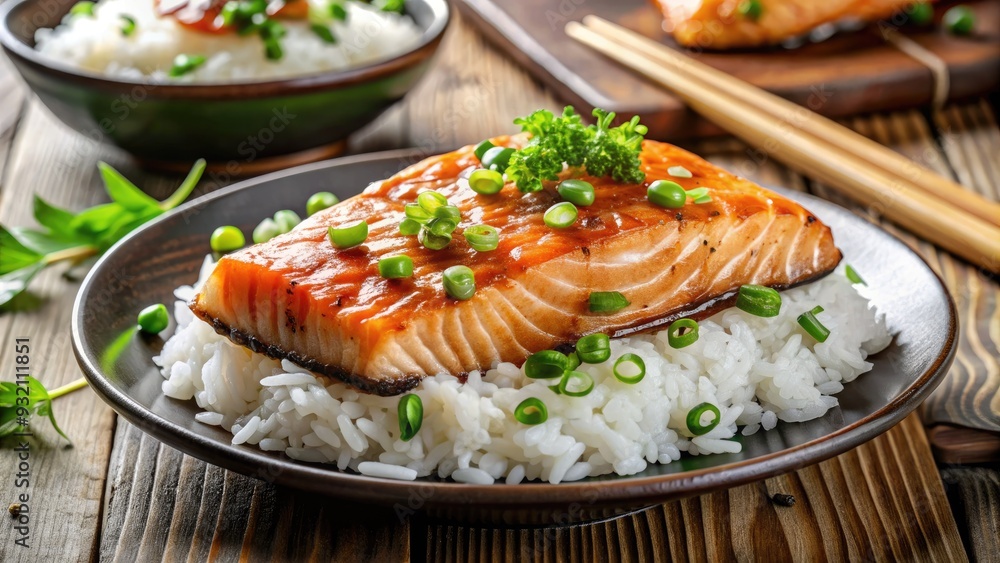 Freshly grilled salmon fillet served on a bed of steaming white rice, garnished with sliced green onions and a drizzle of savory soy sauce. Freshly grilled salmon fillet served on a bed of steaming white rice, garnished with sliced green onions and a drizzle of savory soy sauce.