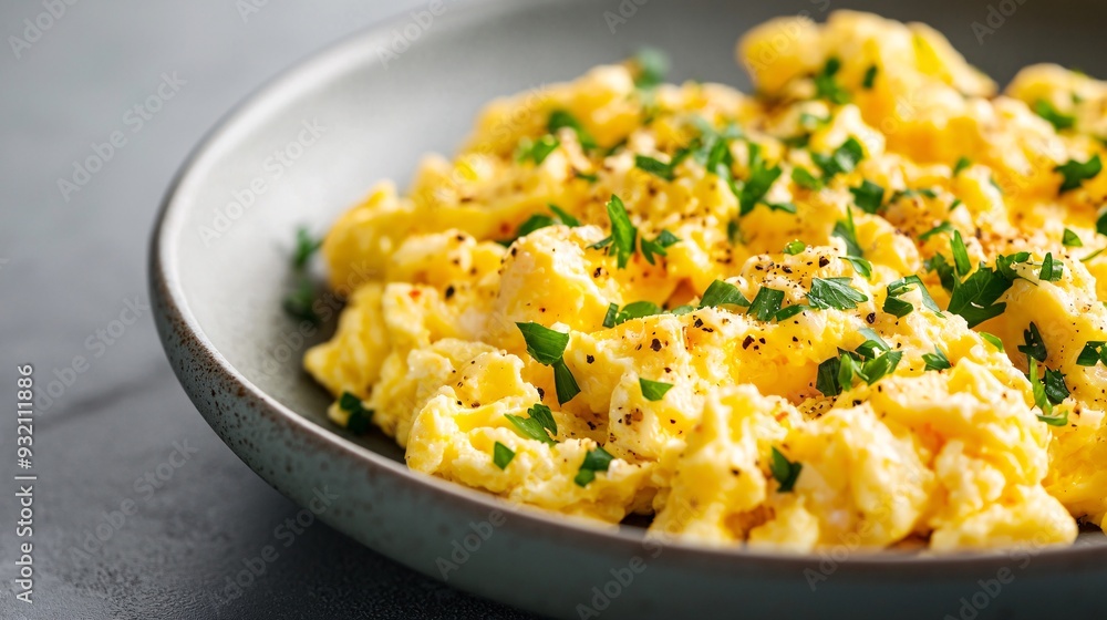 Closeup of Scrambled Eggs with Fresh Herbs in a Bowl Closeup of Scrambled Eggs with Fresh Herbs in a Bowl