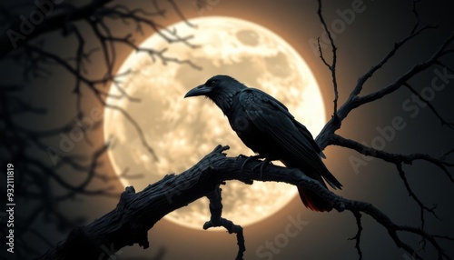 Crow on Gnarled Branch Under Full Moon