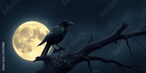 Crow on Gnarled Branch Under Full Moon