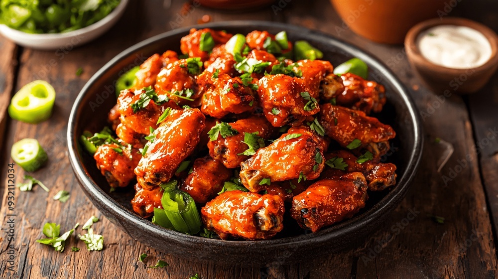 Spicy Buffalo Chicken Wings on Wooden Table Spicy Buffalo Chicken Wings on Wooden Table