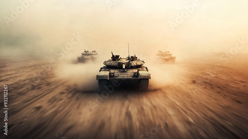 Tanks Advancing in Dusty Desert Terrain