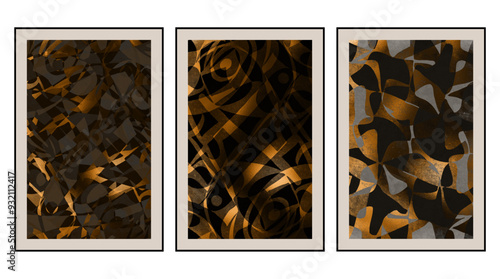 Set of 3 Abstract art. Artistic illustration for printing. The Art of the Golden Wall. Modern interior design. Vintage grunge old .