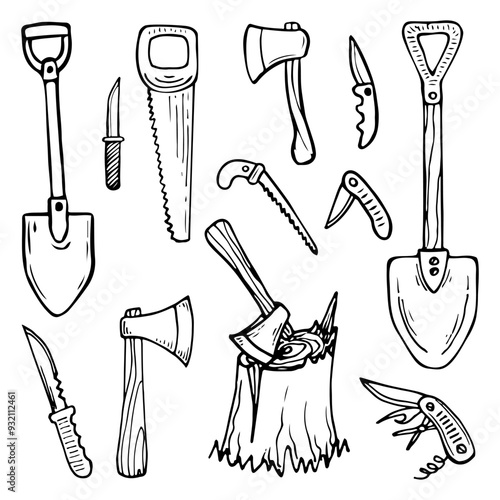 Set of tools hand drawn doodle. Shovels for digging. Axe for chopping firewood. Universal knives. Saw, wood chopper. Vector sketch line art illustration.