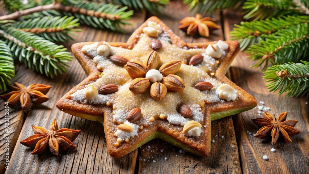 Star-Shaped Almond Cookie with Powdered Sugar and Anise, Holiday, Dessert, Christmas, Baking Star-Shaped Almond Cookie with Powdered Sugar and Anise, Holiday, Dessert, Christmas, Baking