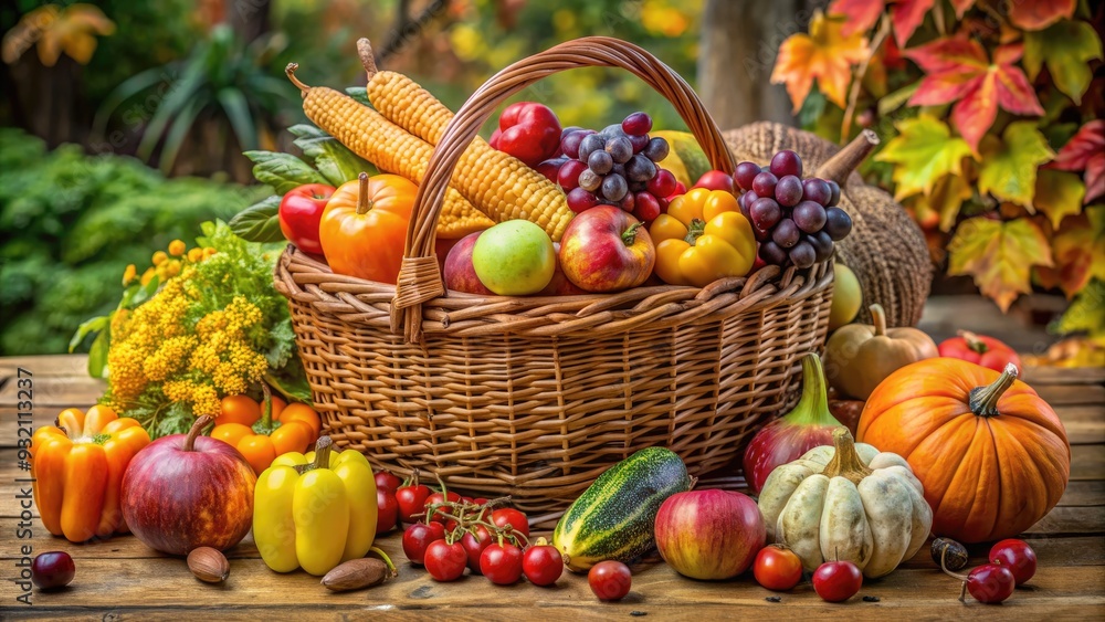 Freshly picked vegetables and fruits are arranged artfully in a wicker basket, showcasing a vibrant and healthy selection of autumnal produce on a rustic tablecloth. Freshly picked vegetables and fruits are arranged artfully in a wicker basket, showcasing a vibrant and healthy selection of autumnal produce on a rustic tablecloth.