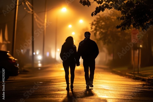 A romantic couple holding hands, walking in the foggy night of an urban setting, backlit by streetlights, embodying intimacy, connection, and the quiet city ambiance.