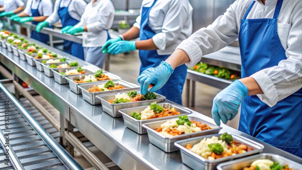 Freshly prepared meals move along a stainless steel conveyor belt as a gloved hand carefully packages them for distribution in a busy food production facility.