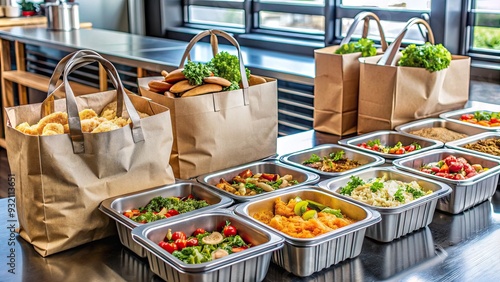 Freshly prepared meals packed in sturdy bags and containers, ready for customers to grab and go, on a modern restaurant's carry-out counter.