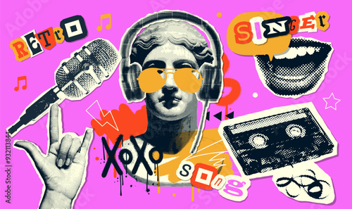 Vintage music halftone collage set with audio cassette vintage microphone, singing mouth, antique statue. Retro paper collage cut-out elements. Vector illustration.