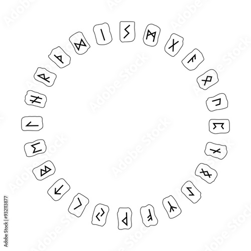Ancient scandinavian viking runic alphabet. Celtic runes vector illustration. Round frame in norse style.
