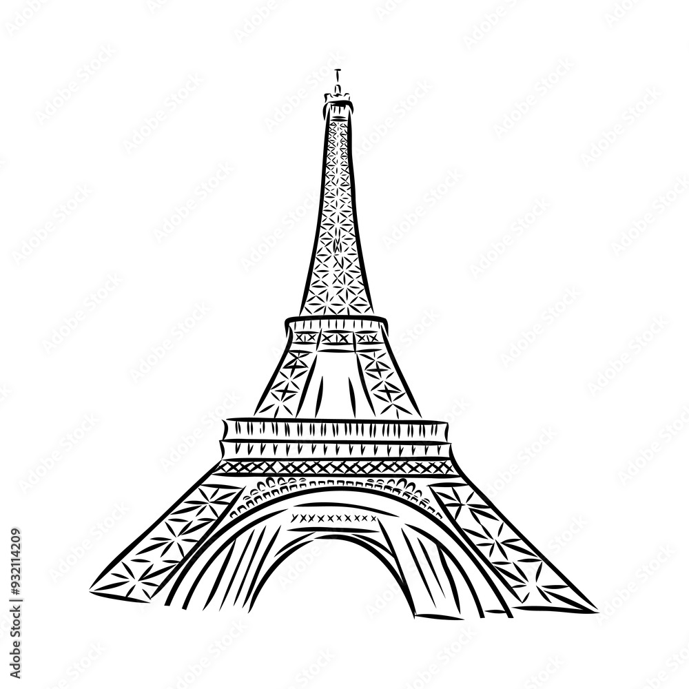 Obraz premium Eiffel tower in France straight view, doodle line sketch,
