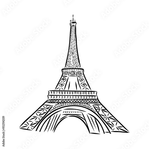 Eiffel tower in France straight view, doodle line sketch,