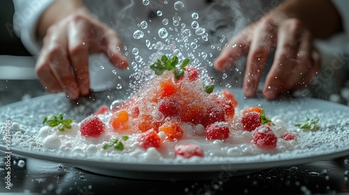 Fototapeta Naklejka Na Ścianę i Meble -  Chef Adding Liquid Nitrogen to Dessert