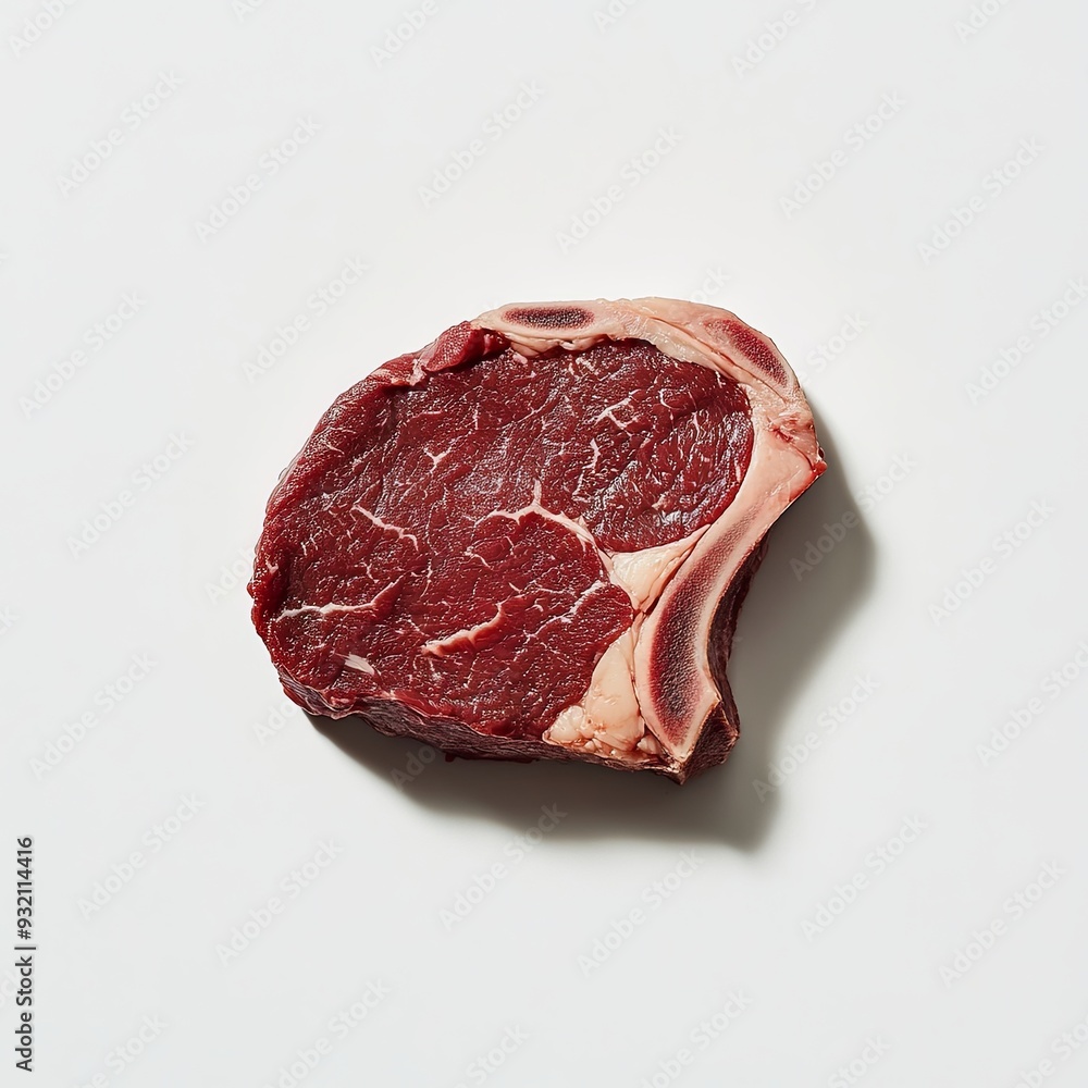 Silhouette of a raw ribeye steak with visible marbling, floating against a white background. Silhouette of a raw ribeye steak with visible marbling, floating against a white background.