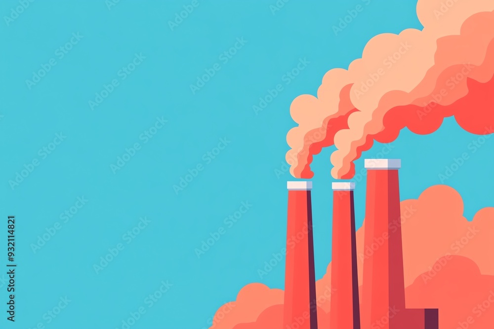 Industrial smoke stacks emitting pollution against a blue sky. Industrial smoke stacks emitting pollution against a blue sky.