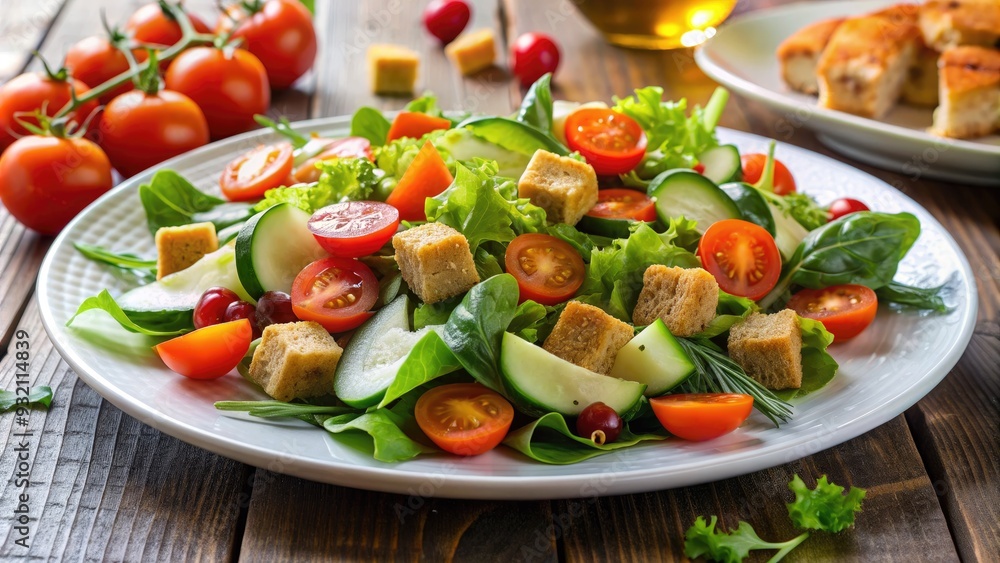 Fresh mixed greens, cherry tomatoes, cucumber, and carrots are artfully arranged on a crisp white plate, garnished with a light vinaigrette and a sprinkle of croutons. Fresh mixed greens, cherry tomatoes, cucumber, and carrots are artfully arranged on a crisp white plate, garnished with a light vinaigrette and a sprinkle of croutons.
