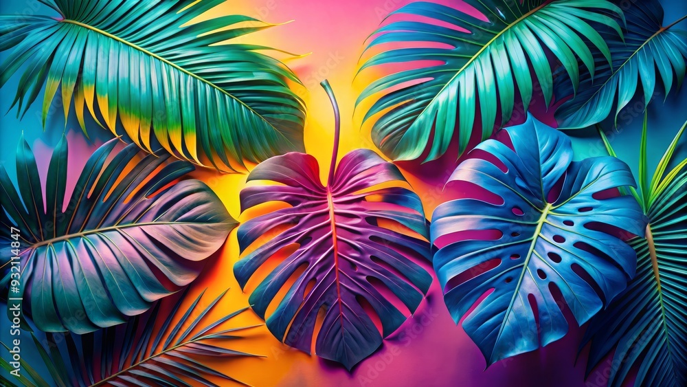 Tropical Paradise Neon Jungle Leaves on Vibrant Background, palm leaves , monstera , tropical , summer , foliage Tropical Paradise Neon Jungle Leaves on Vibrant Background, palm leaves , monstera , tropical , summer , foliage
