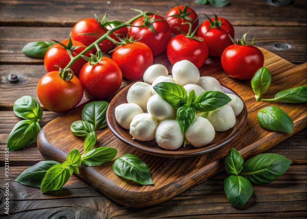 Fresh mozzarella cheese balls surrounded by vibrant green basil leaves and juicy red tomatoes, arranged on a rustic wooden table, evoking a warm Italian summer. Fresh mozzarella cheese balls surrounded by vibrant green basil leaves and juicy red tomatoes, arranged on a rustic wooden table, evoking a warm Italian summer.