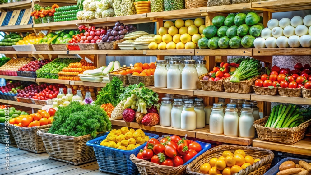 Fresh produce, dairy products, and packaged goods overflow from baskets and shelves in a colorful, well-organized grocery store display, evoking feelings of abundance and nutrition.