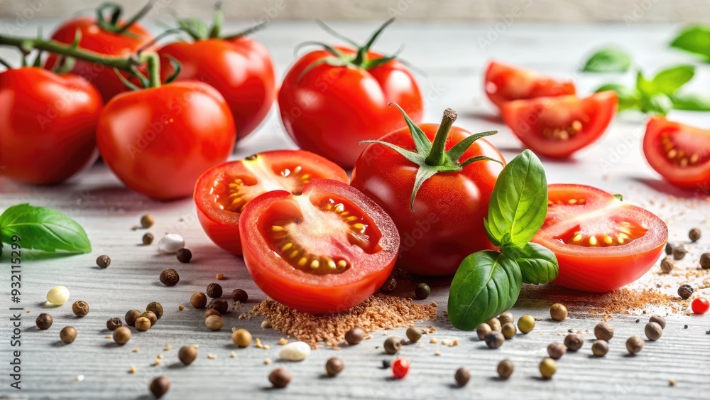 Fresh red tomatoes chopped into small pieces, scattered randomly on a white surface, with some juices and seeds visible, against a clean and minimalistic background. Fresh red tomatoes chopped into small pieces, scattered randomly on a white surface, with some juices and seeds visible, against a clean and minimalistic background.