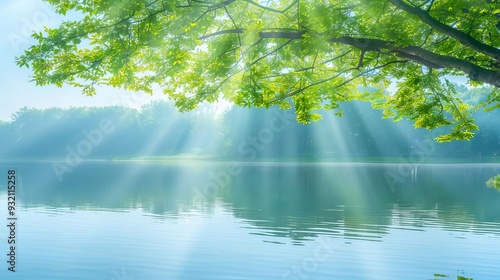Sunlight beams through tree branches over a tranquil lake.