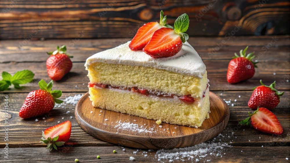 Fresh slice of decadent white chocolate cake adorned with juicy sliced strawberries and a sprinkle of powdered sugar on a rustic wooden background. Fresh slice of decadent white chocolate cake adorned with juicy sliced strawberries and a sprinkle of powdered sugar on a rustic wooden background.