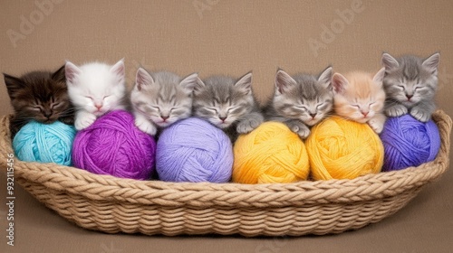 Adorable kittens sleep peacefully on and around soft yarn balls, creating a warm and inviting atmosphere perfect for cat lovers photo