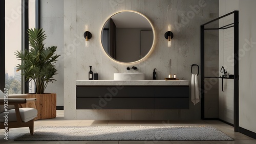  Modern bathroom vanity with sink, mirror, and toiletries on a light background, showcasing a minimalistic interior. 3D Rendering 