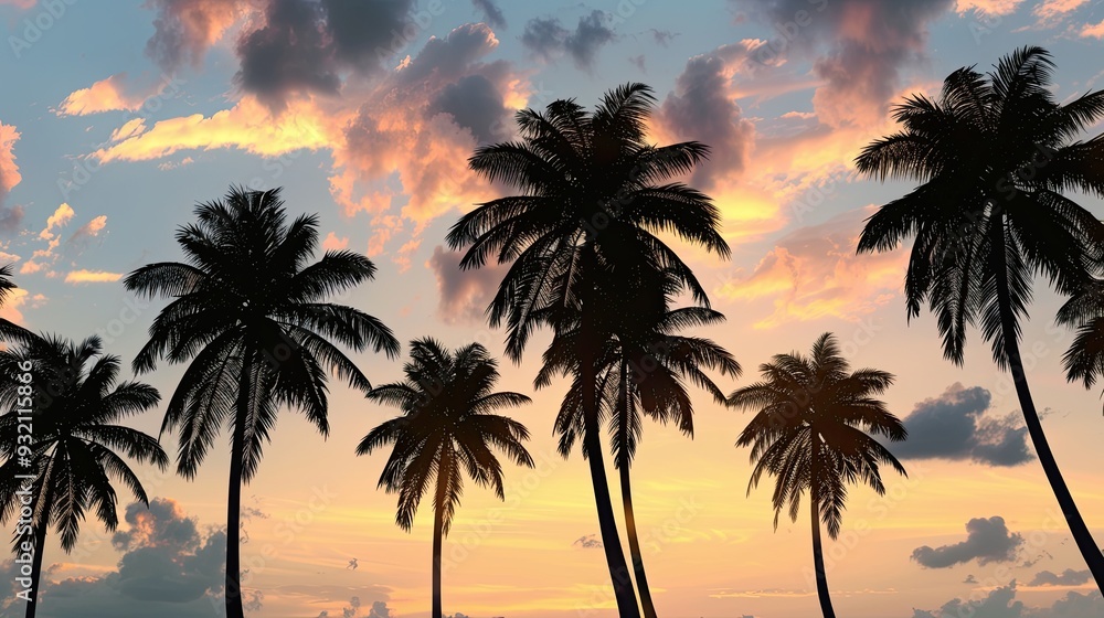 Silhouettes of palm trees against the backdrop of the sunset sky Silhouettes of palm trees against the backdrop of the sunset sky