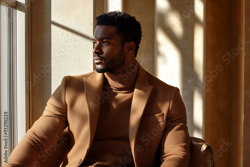 Elegant Black Man in Camel Coat Sitting by Window, Reflective in Warm Lighting photo