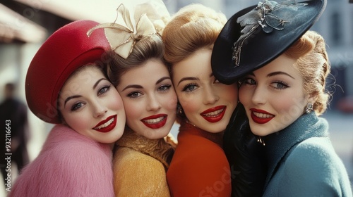 Four Stylish Women with Red Lips and Bold Hats photo