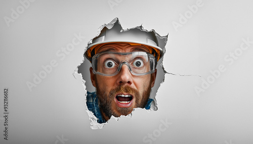 Junger Bauarbeiter schaut erschrocken durch ein Loch in der Wand