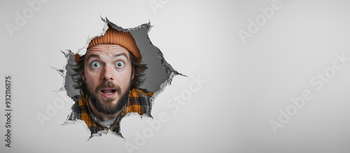 Junger Mann schaut erschrocken durch ein Loch in der Wand