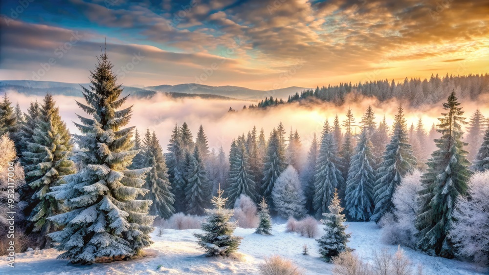 Frosted winter morning landscape featuring a serene forest filled with snow-covered evergreen trees and lush greenery surrounded by a misty atmosphere. Frosted winter morning landscape featuring a serene forest filled with snow-covered evergreen trees and lush greenery surrounded by a misty atmosphere.