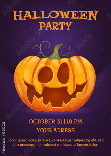 Halloween Party Poster with spooky pumpkin on the purple background.