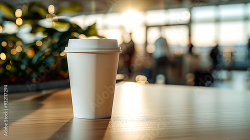 Simple mock up white coffee cup on a wooden table in an airport terminal or station, bathed in warm light as travelers bustle in the background. Copy space