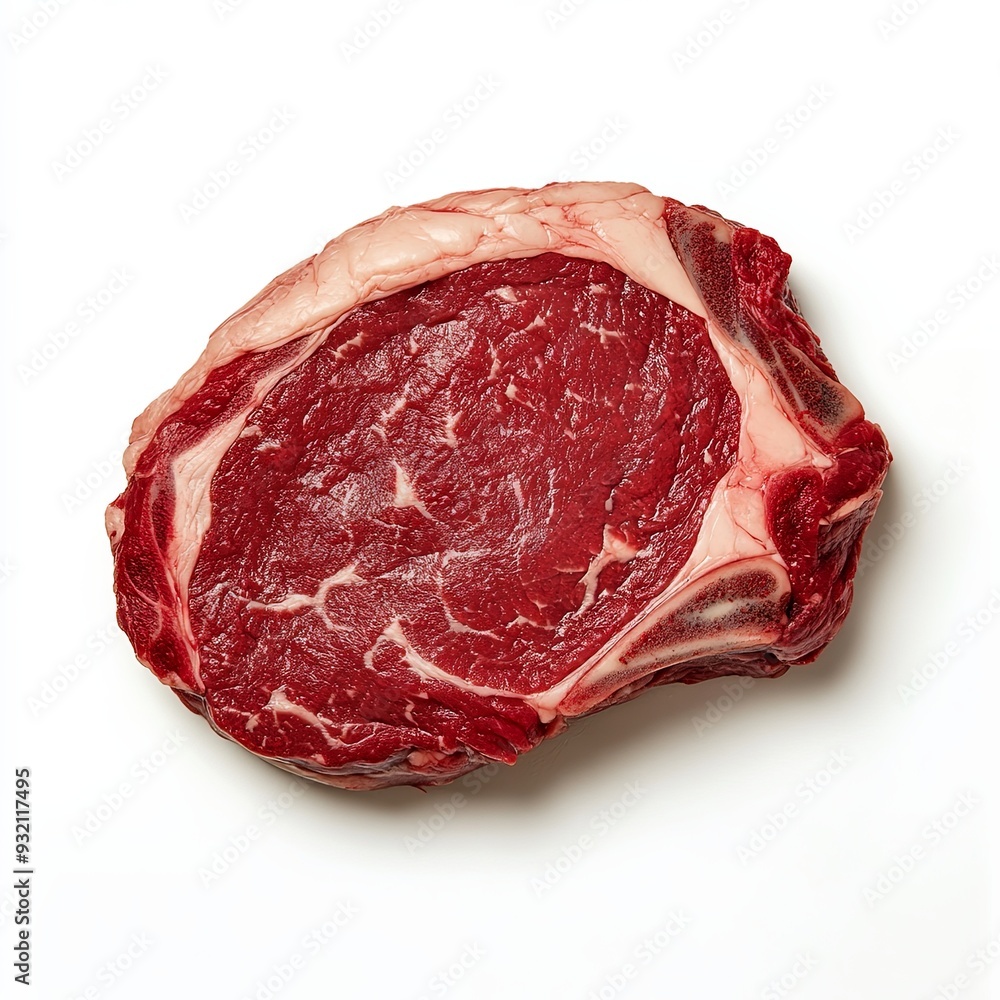 Fototapeta premium Raw beef ribeye steak silhouette showcasing its marbled texture and thickness.