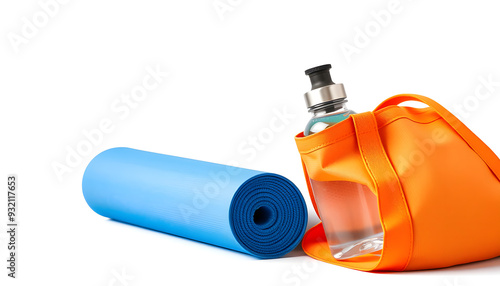 Rolled blue yoga mat. Yoga block with water bottle in orange tote bag. Weight loss. fitness and exercise concept. Active lifestyle sport. Workout at home or gym app isolated with white highlights, p photo